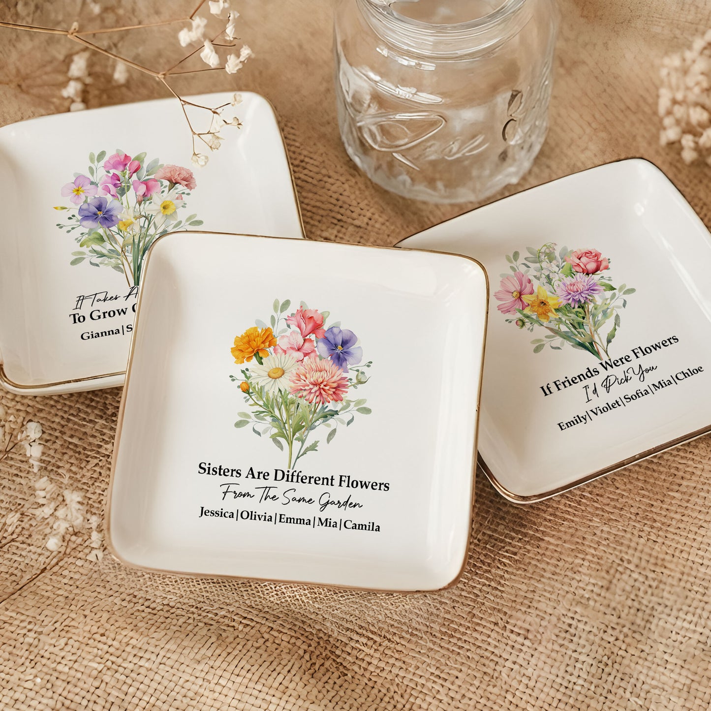 Custom Birth Flowers Sisterhood, Friendship Bouquet Gifts For Sisters, Friends, Besties - Personalized Jewelry Dish