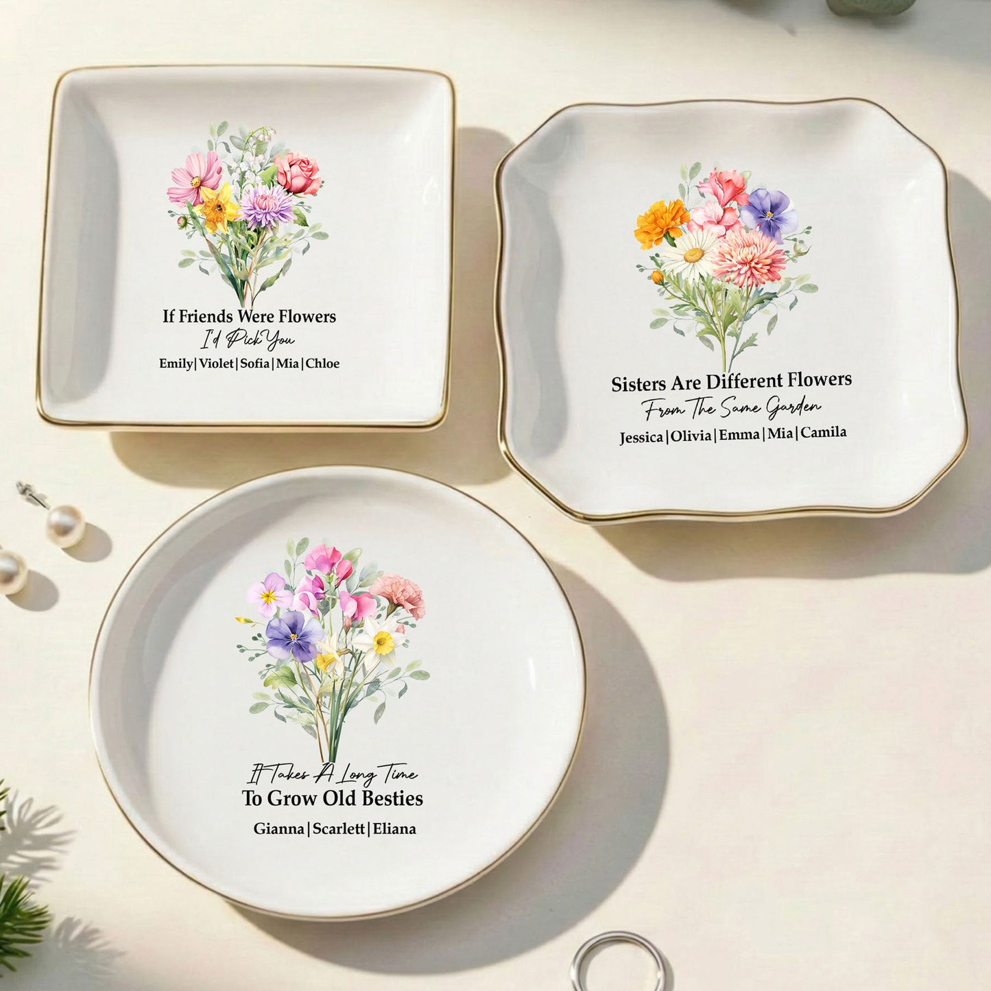 Custom Birth Flowers Sisterhood, Friendship Bouquet Gifts For Sisters, Friends, Besties - Personalized Jewelry Dish
