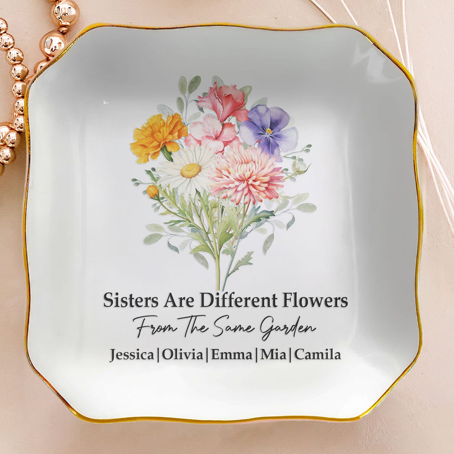 Custom Birth Flowers Sisterhood, Friendship Bouquet Gifts For Sisters, Friends, Besties - Personalized Jewelry Dish