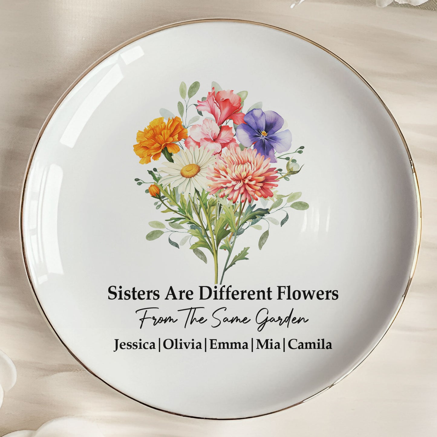 Custom Birth Flowers Sisterhood, Friendship Bouquet Gifts For Sisters, Friends, Besties - Personalized Jewelry Dish
