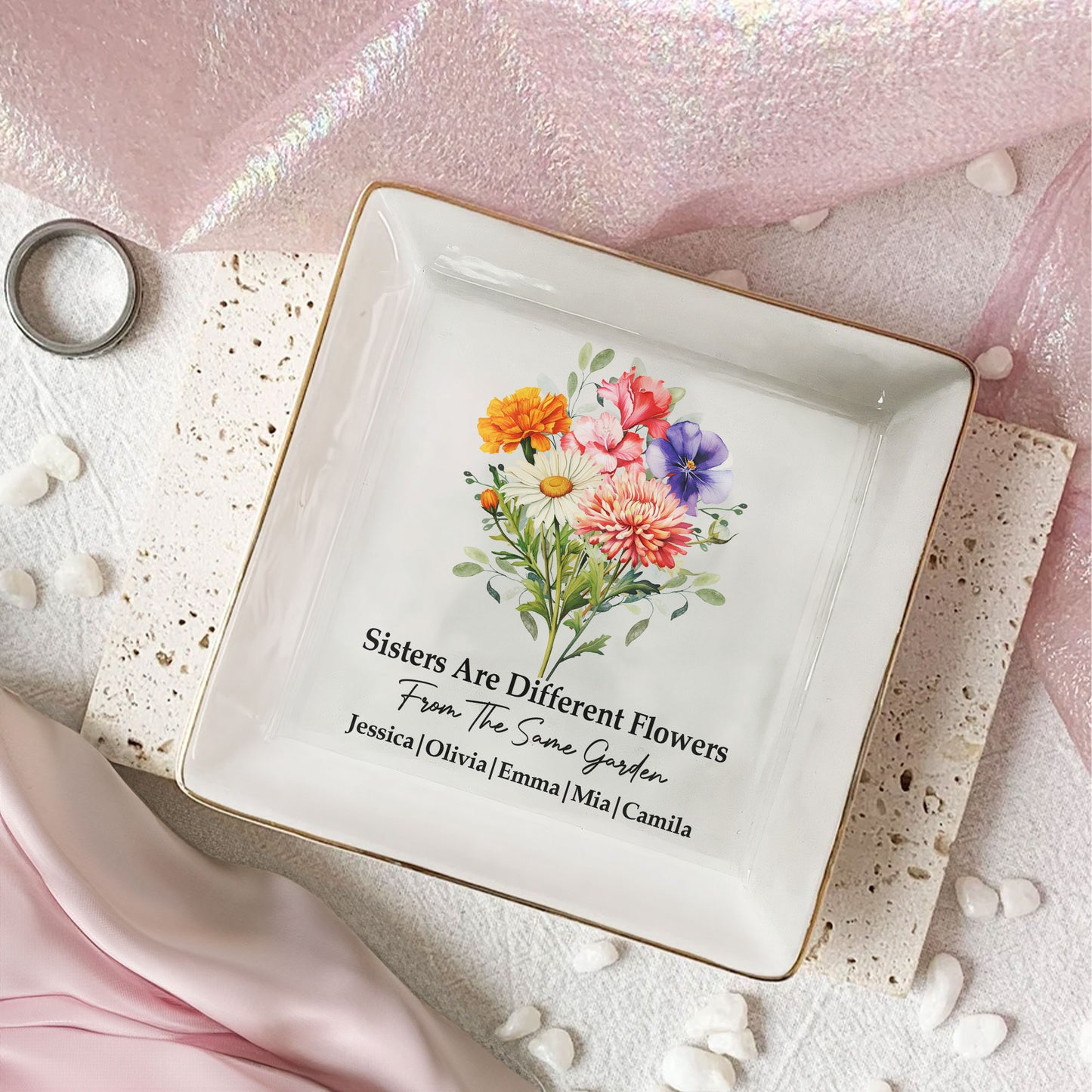 Custom Birth Flowers Sisterhood, Friendship Bouquet Gifts For Sisters, Friends, Besties - Personalized Jewelry Dish