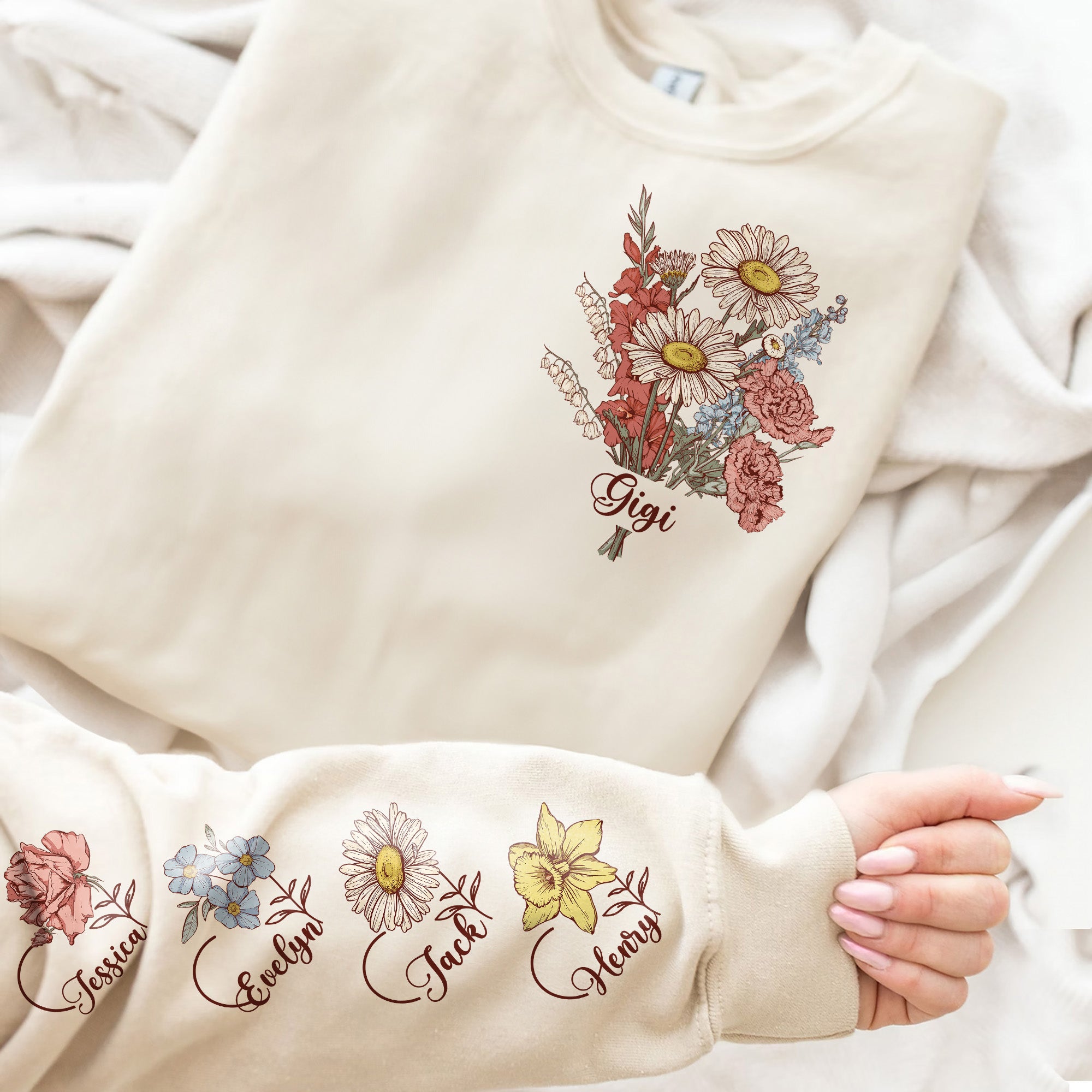 Custom Birth Month Flower On Sleeves For Mom, Grandma - Personalized Sweatshirt
