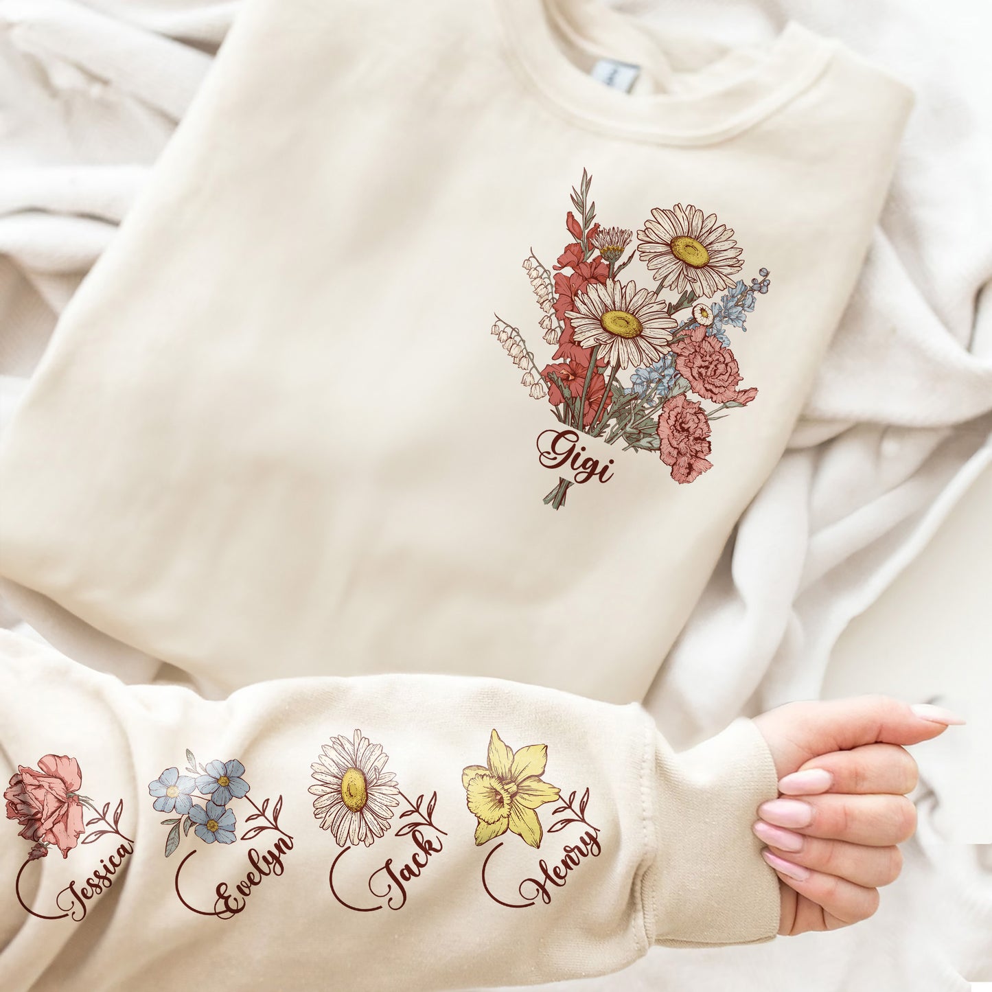 Custom Birth Month Flower On Sleeves For Mom, Grandma - Personalized Sweatshirt