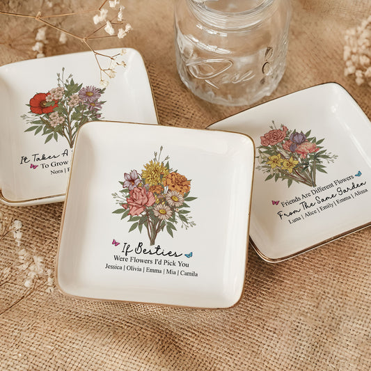 Custom Boho Birth Flowers Sisterhood, Friendship Bouquet Gifts For Sisters, Friends, Besties - Personalized Jewelry Dish
