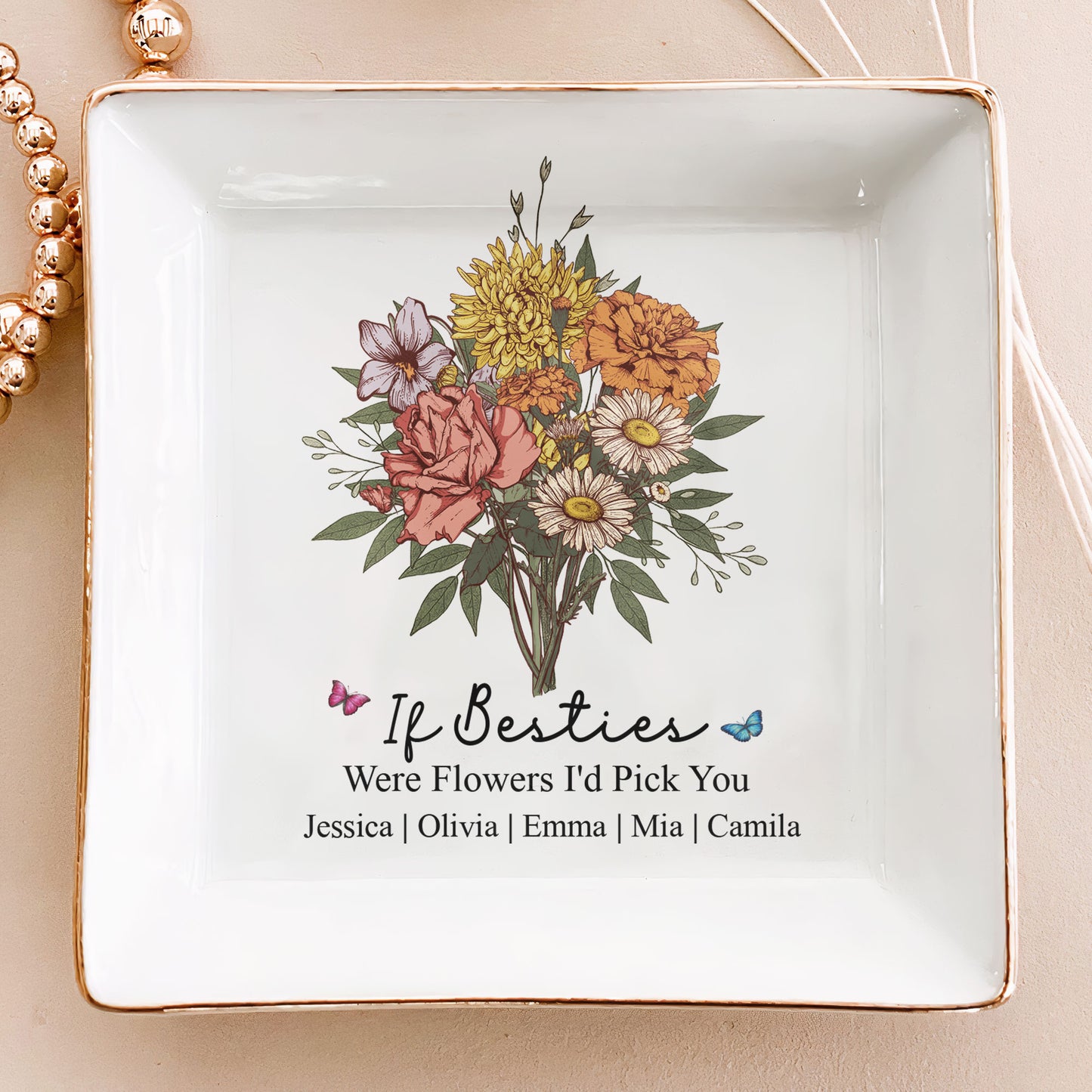 Custom Boho Birth Flowers Sisterhood, Friendship Bouquet Gifts For Sisters, Friends, Besties - Personalized Jewelry Dish