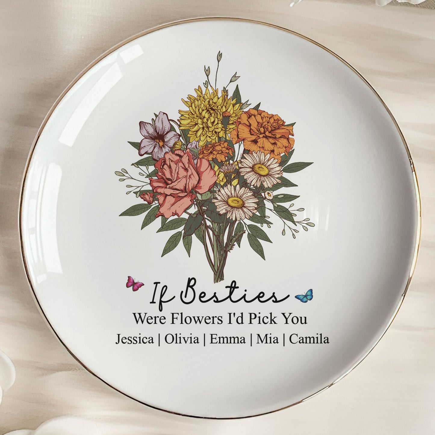 Custom Boho Birth Flowers Sisterhood, Friendship Bouquet Gifts For Sisters, Friends, Besties - Personalized Jewelry Dish