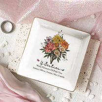 Custom Boho Birth Flowers Sisterhood, Friendship Bouquet Gifts For Sisters, Friends, Besties - Personalized Jewelry Dish
