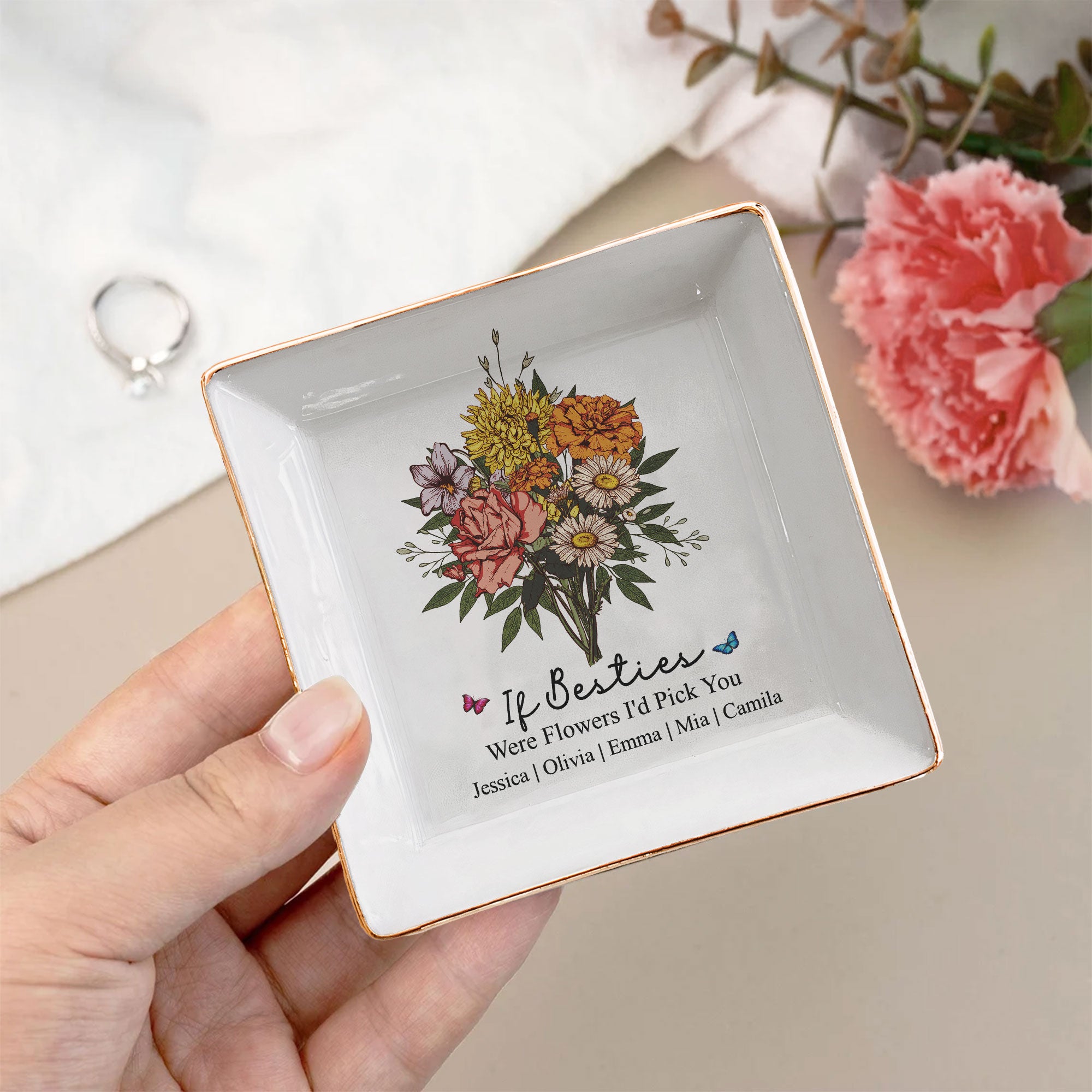 Custom Boho Birth Flowers Sisterhood, Friendship Bouquet Gifts For Sisters, Friends, Besties - Personalized Jewelry Dish