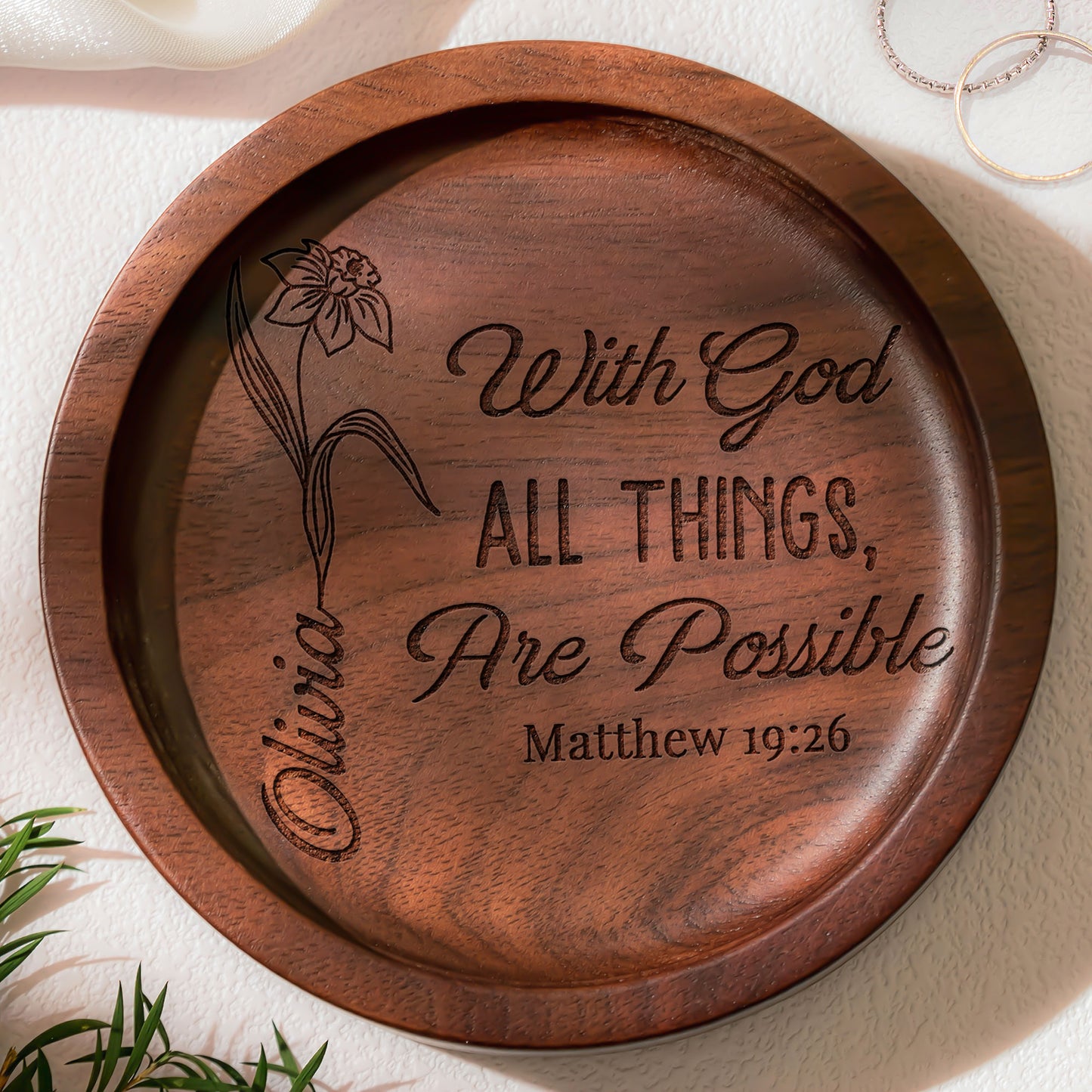 Custom Christ Bible Verse With Birth Flower - Personalized Wood Ring Dish
