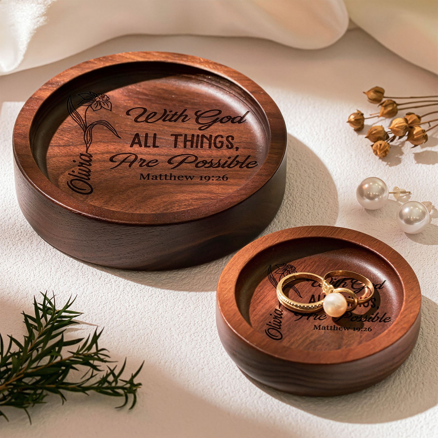 Custom Christ Bible Verse With Birth Flower - Personalized Wood Ring Dish