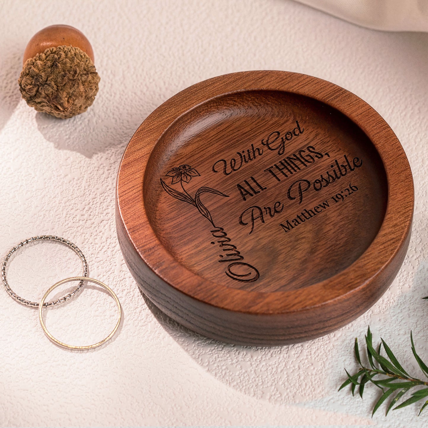 Custom Christ Bible Verse With Birth Flower - Personalized Wood Ring Dish