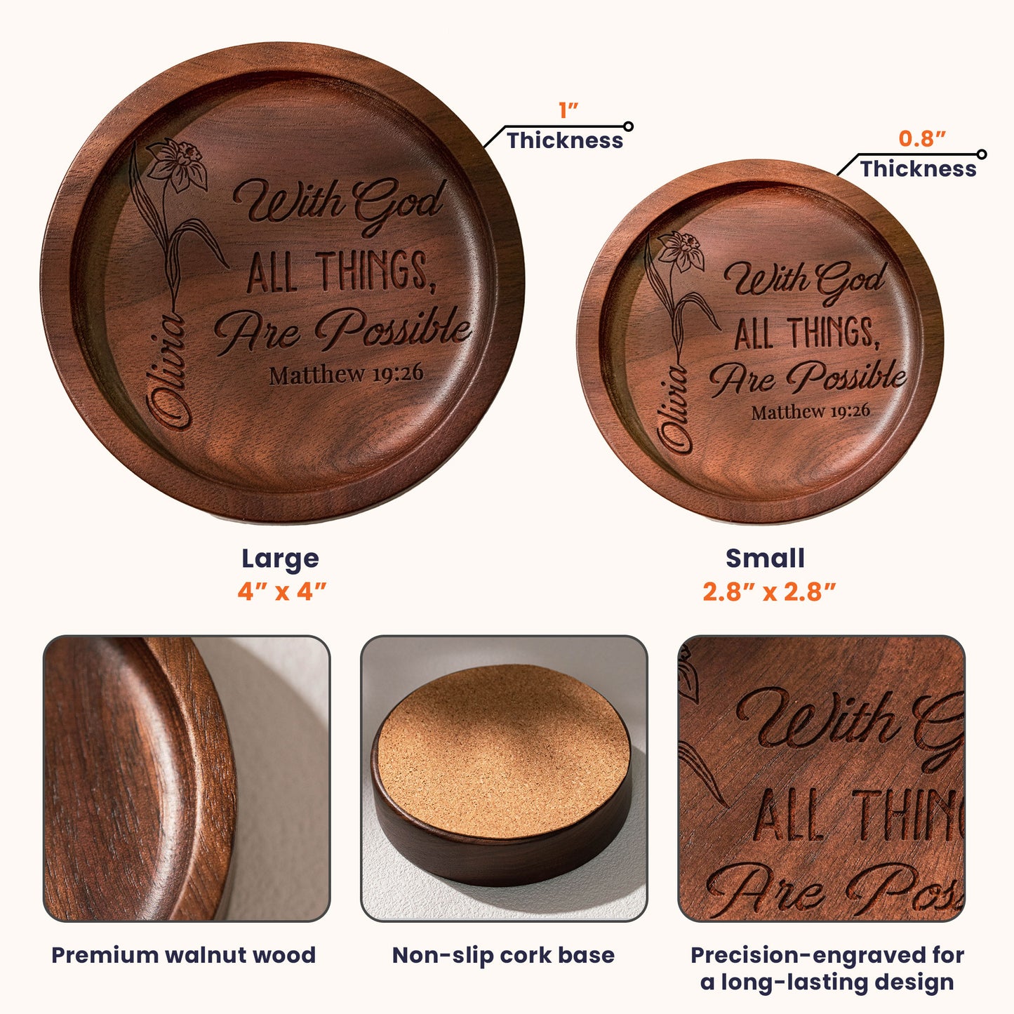 Custom Christ Bible Verse With Birth Flower - Personalized Wood Ring Dish