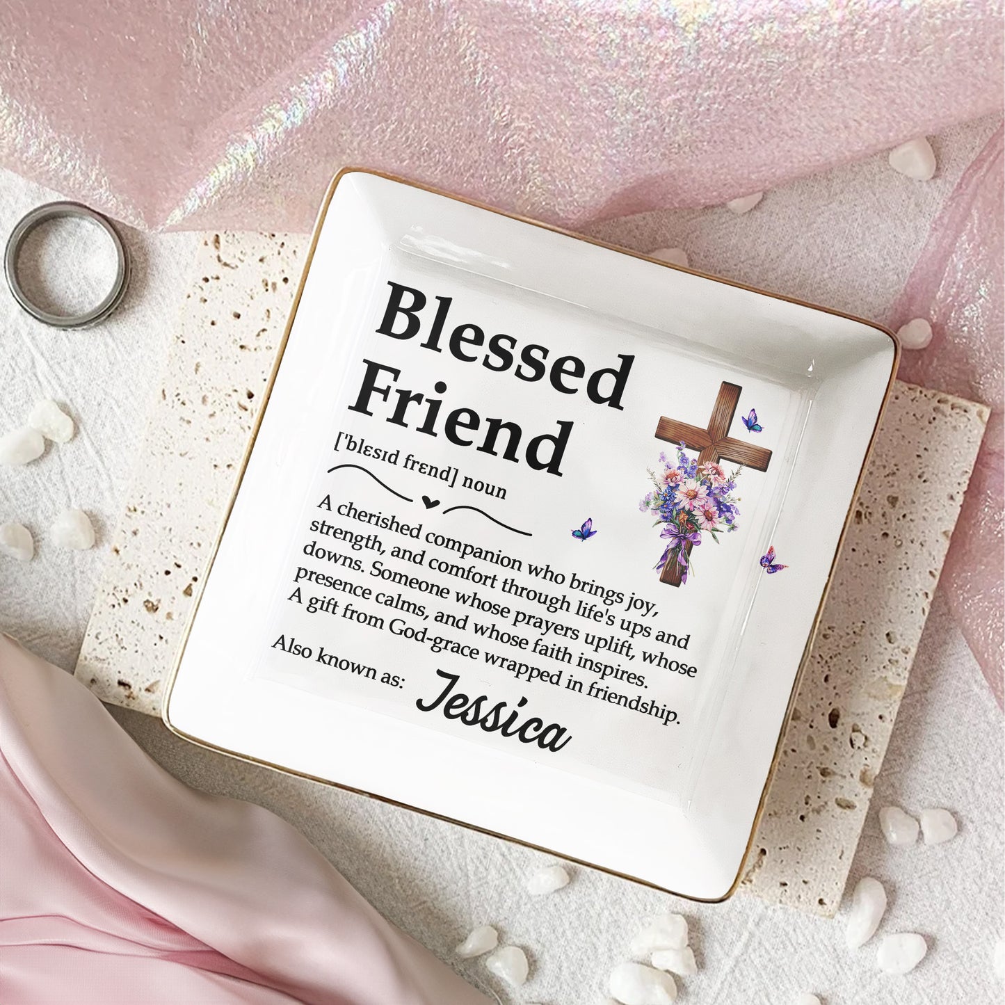 Custom Christian Blessed Friend - Sisters In Christ - Personalized Jewelry Dish