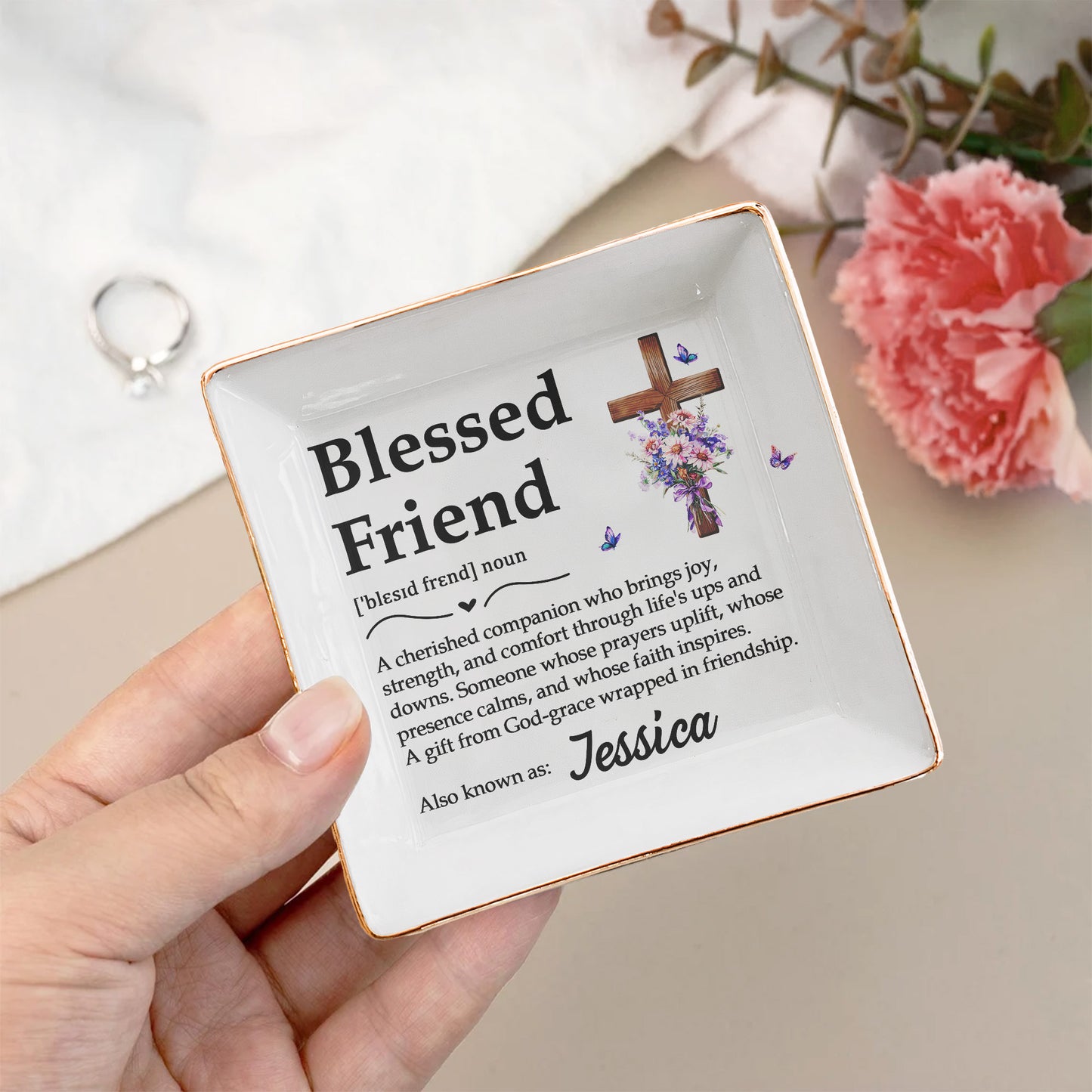 Custom Christian Blessed Friend - Sisters In Christ - Personalized Jewelry Dish