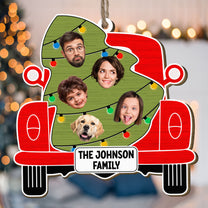 Custom Christmas Red Truck With Tree Family - Personalized Wooden Photo Ornament