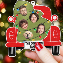 Custom Christmas Red Truck With Tree Family - Personalized Wooden Photo Ornament