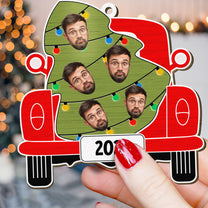 Custom Christmas Red Truck With Tree Family - Personalized Wooden Photo Ornament