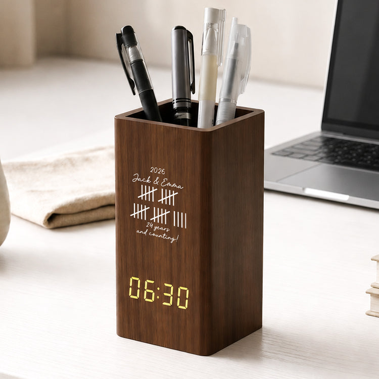 Custom Couple Anniversary Gifts For Husband - Personalized Pen Holder With Clock 2