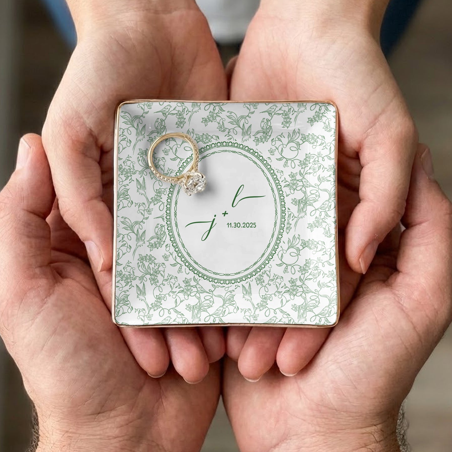 Custom Couple Initials & Date Toile De Jouy Ring Dish - Personalized Jewelry Dish