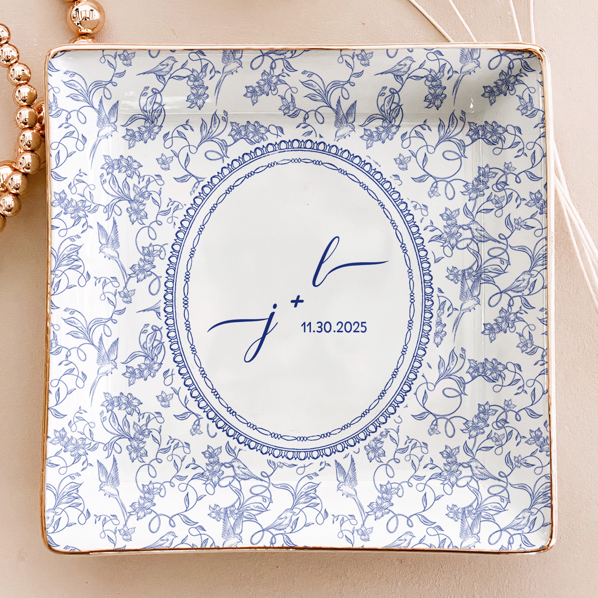 Custom Couple Initials & Date Toile De Jouy Ring Dish - Personalized Jewelry Dish
