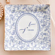 Custom Couple Initials & Date Toile De Jouy Ring Dish - Personalized Jewelry Dish