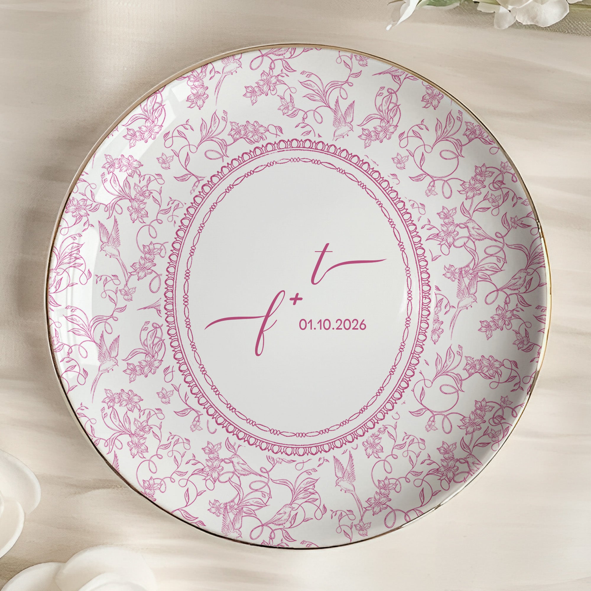 Custom Couple Initials & Date Toile De Jouy Ring Dish - Personalized Jewelry Dish
