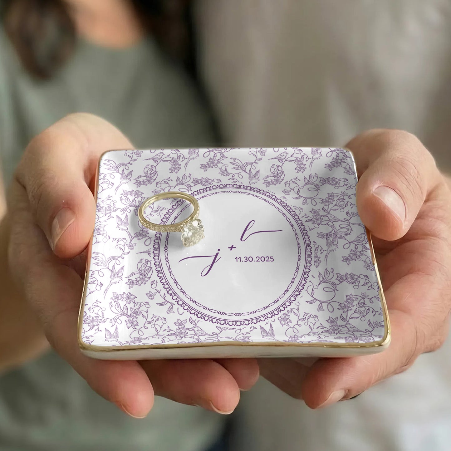 Custom Couple Initials & Date Toile De Jouy Ring Dish - Personalized Jewelry Dish