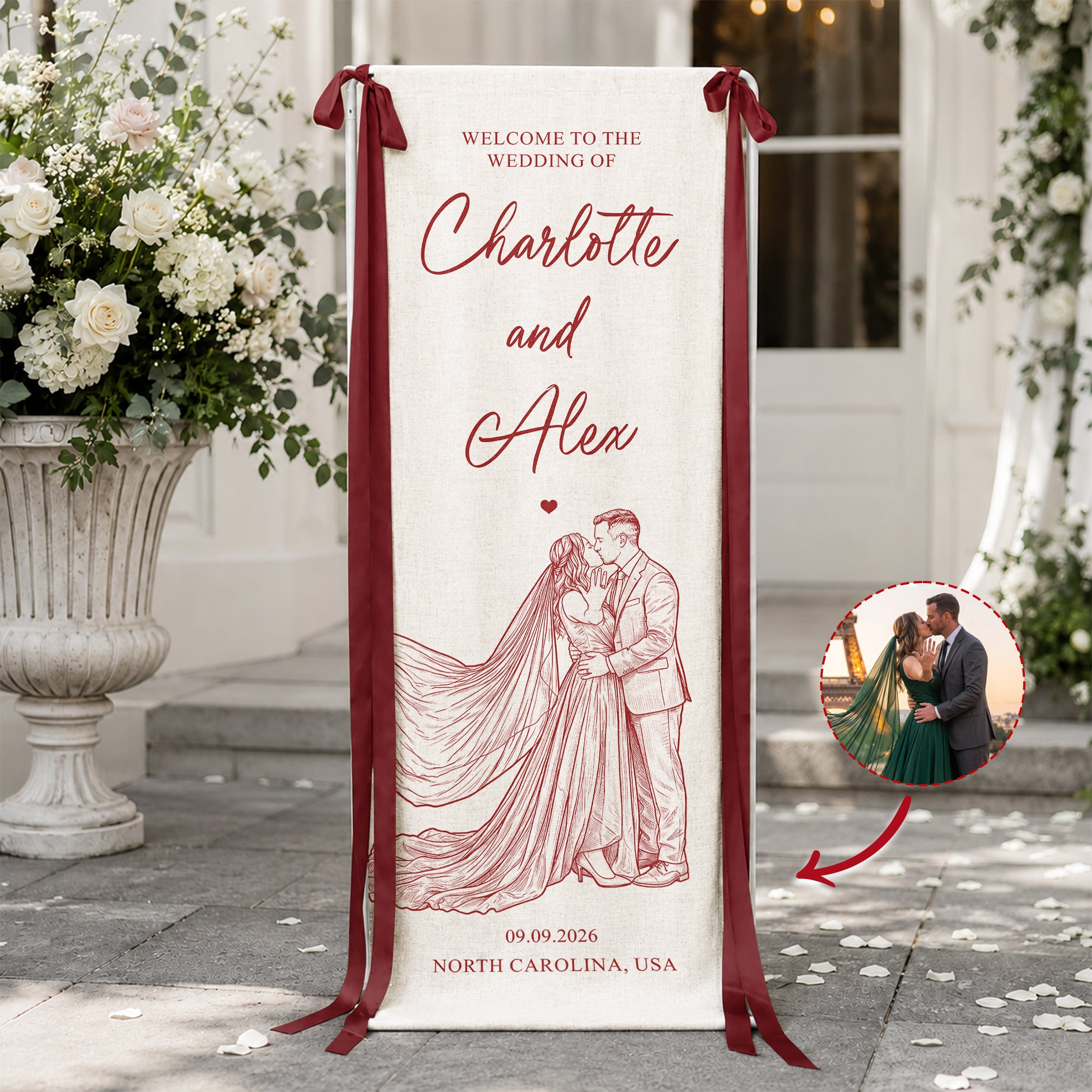 Custom Couple Photo Sketch Line Art Style Wedding Sign - Personalized Welcome Sign