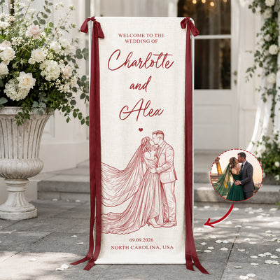 Custom Couple Photo Sketch Line Art Style Wedding Sign - Personalized Welcome Sign