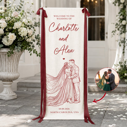 Custom Couple Photo Sketch Line Art Style Wedding Sign - Personalized Welcome Sign