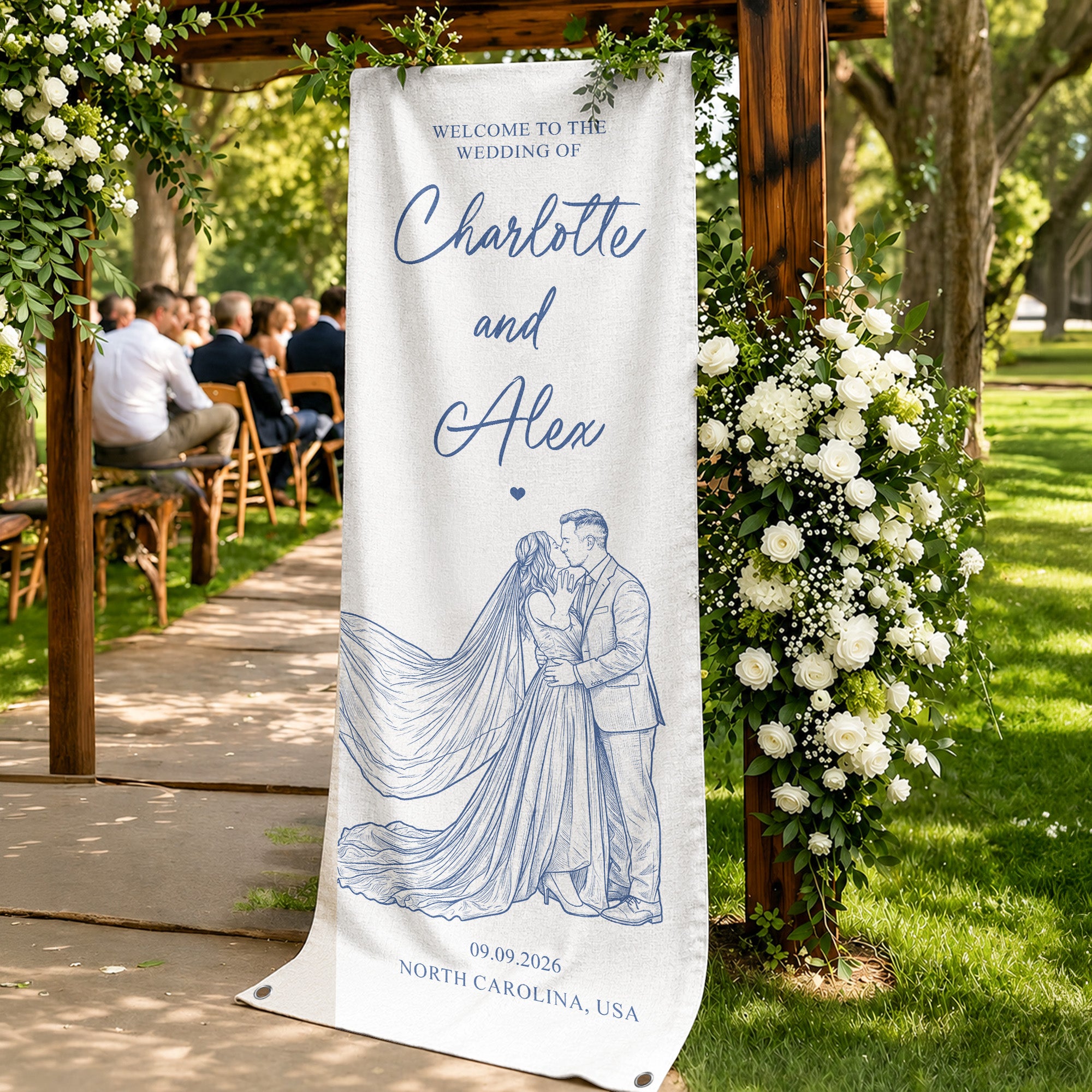 Custom Couple Photo Sketch Line Art Style Wedding Sign - Personalized Welcome Sign