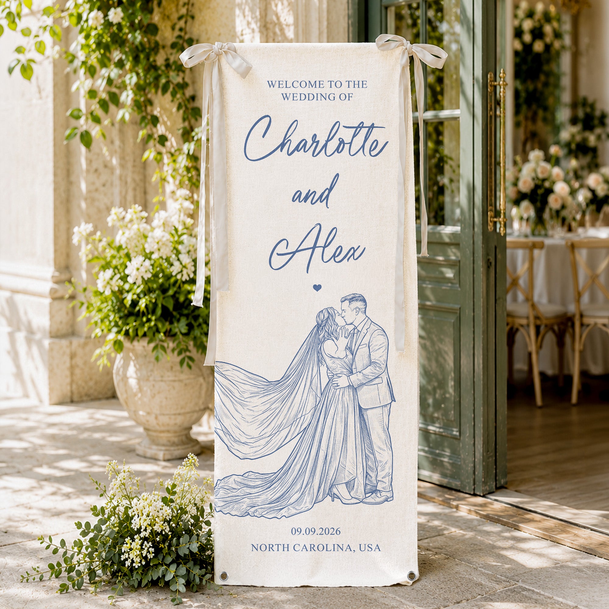 Custom Couple Photo Sketch Line Art Style Wedding Sign - Personalized Welcome Sign