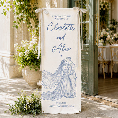 Custom Couple Photo Sketch Line Art Style Wedding Sign - Personalized Welcome Sign