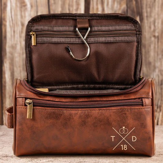 Custom Couples Initial Name & Date Or Symbols For Him, Husband - Personalized Leather Toiletry Bag