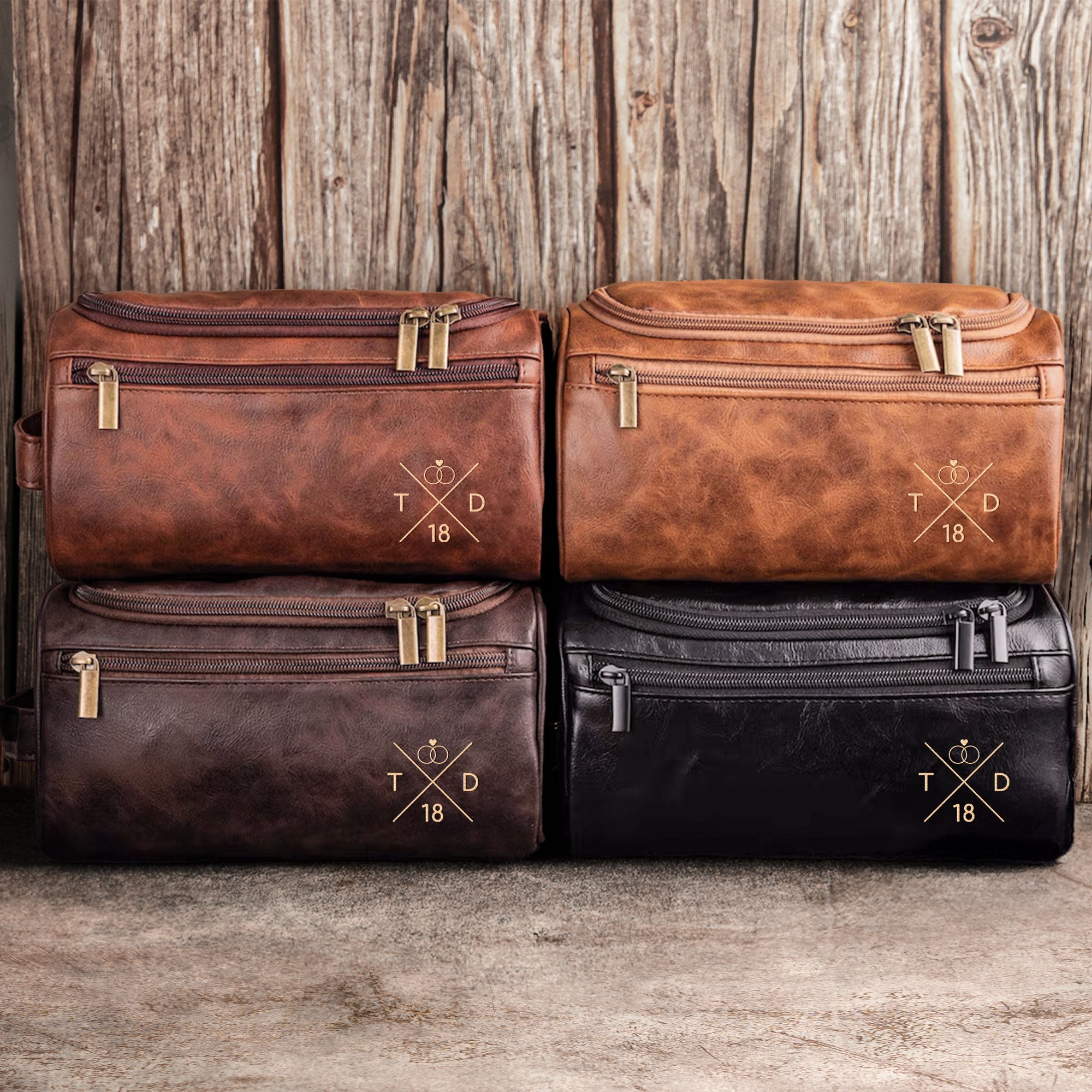 Custom Couples Initial Name & Date Or Symbols For Him, Husband - Personalized Leather Toiletry Bag