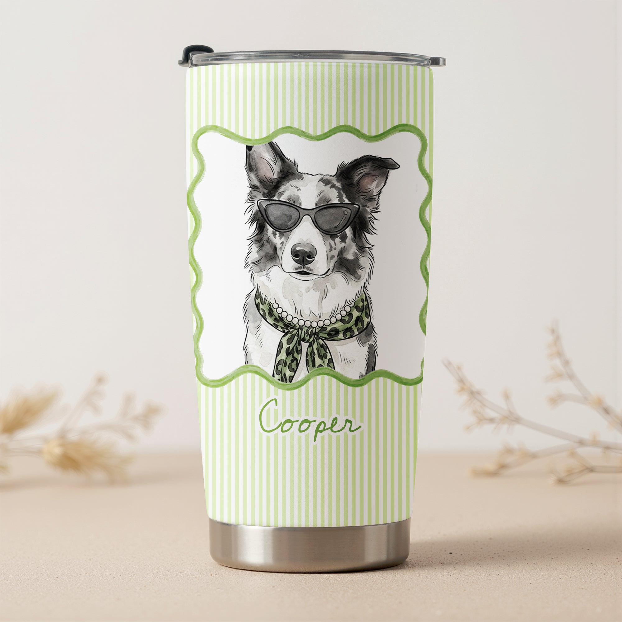Custom Cup With Pet Photo Watercolor Art Striped Pattern - Personalized Tumbler Cup
