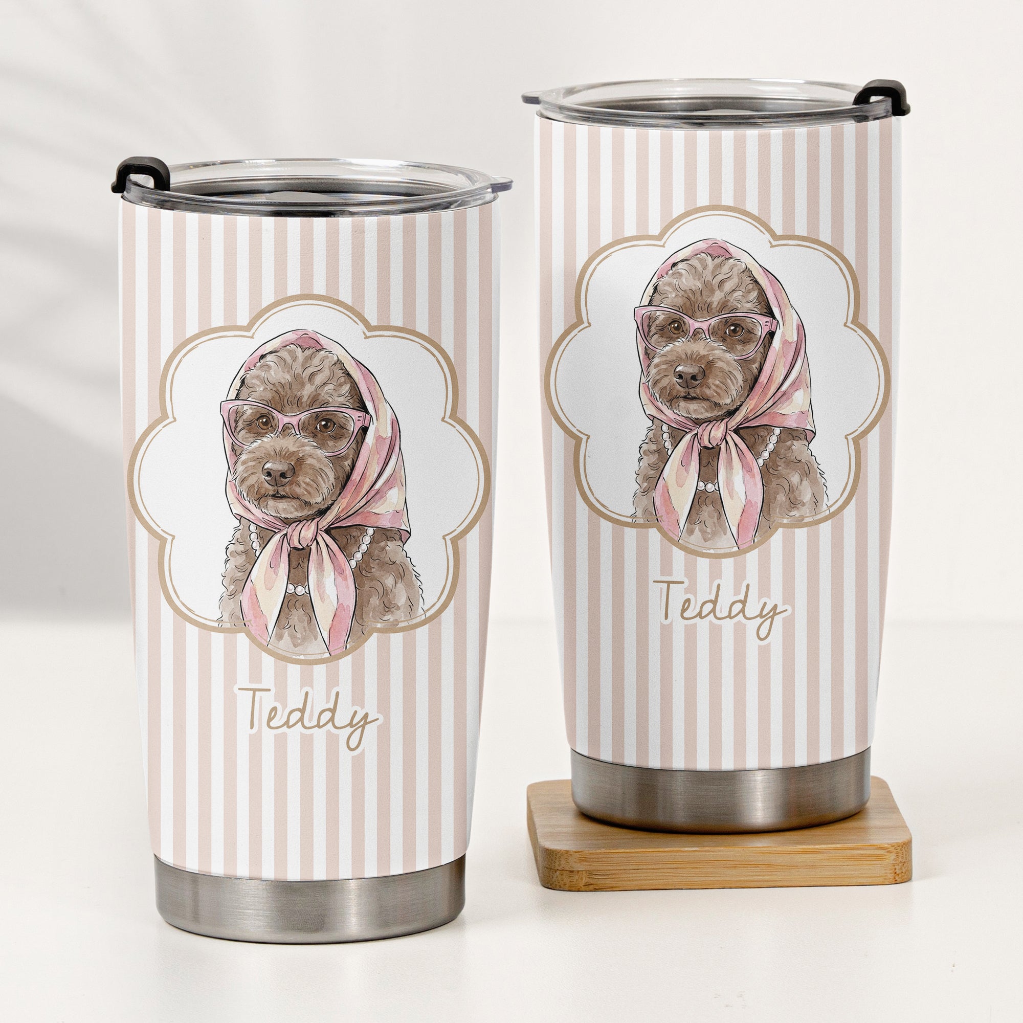 Custom Cup With Pet Photo Watercolor Art Striped Pattern - Personalized Tumbler Cup