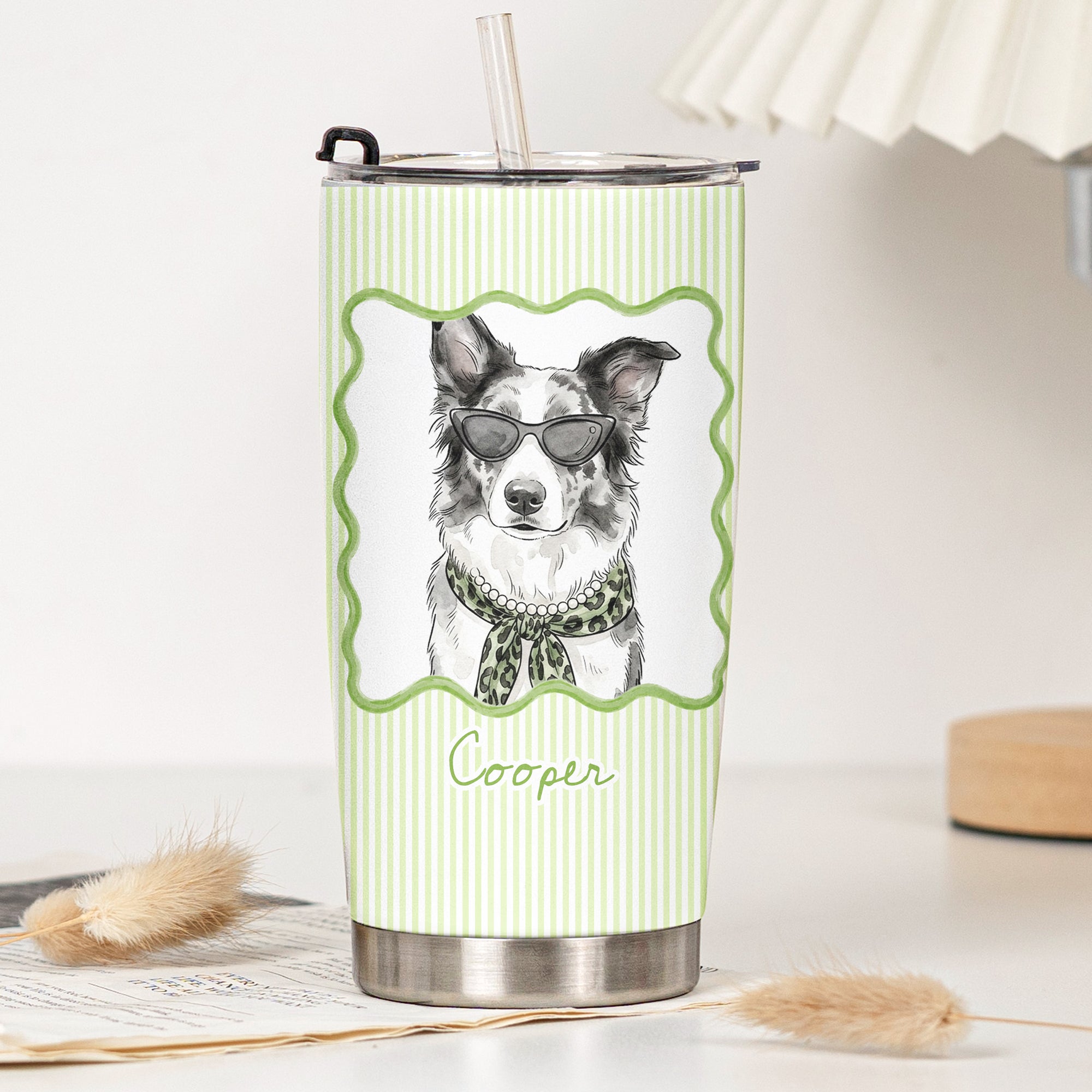 Custom Cup With Pet Photo Watercolor Art Striped Pattern - Personalized Tumbler Cup