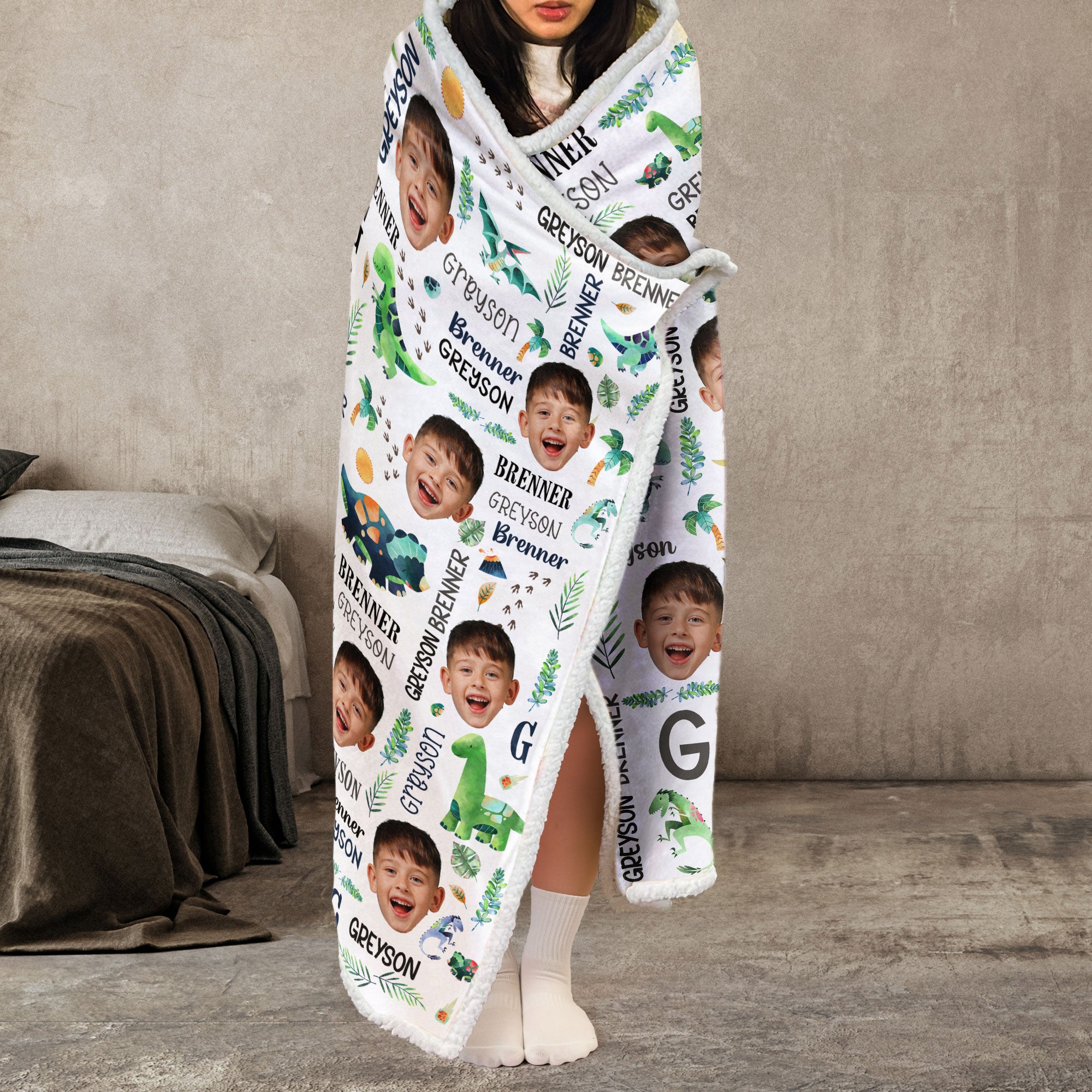 Custom Dinosaur Baby Face - Personalized Photo Wearable Blanket Hoodie