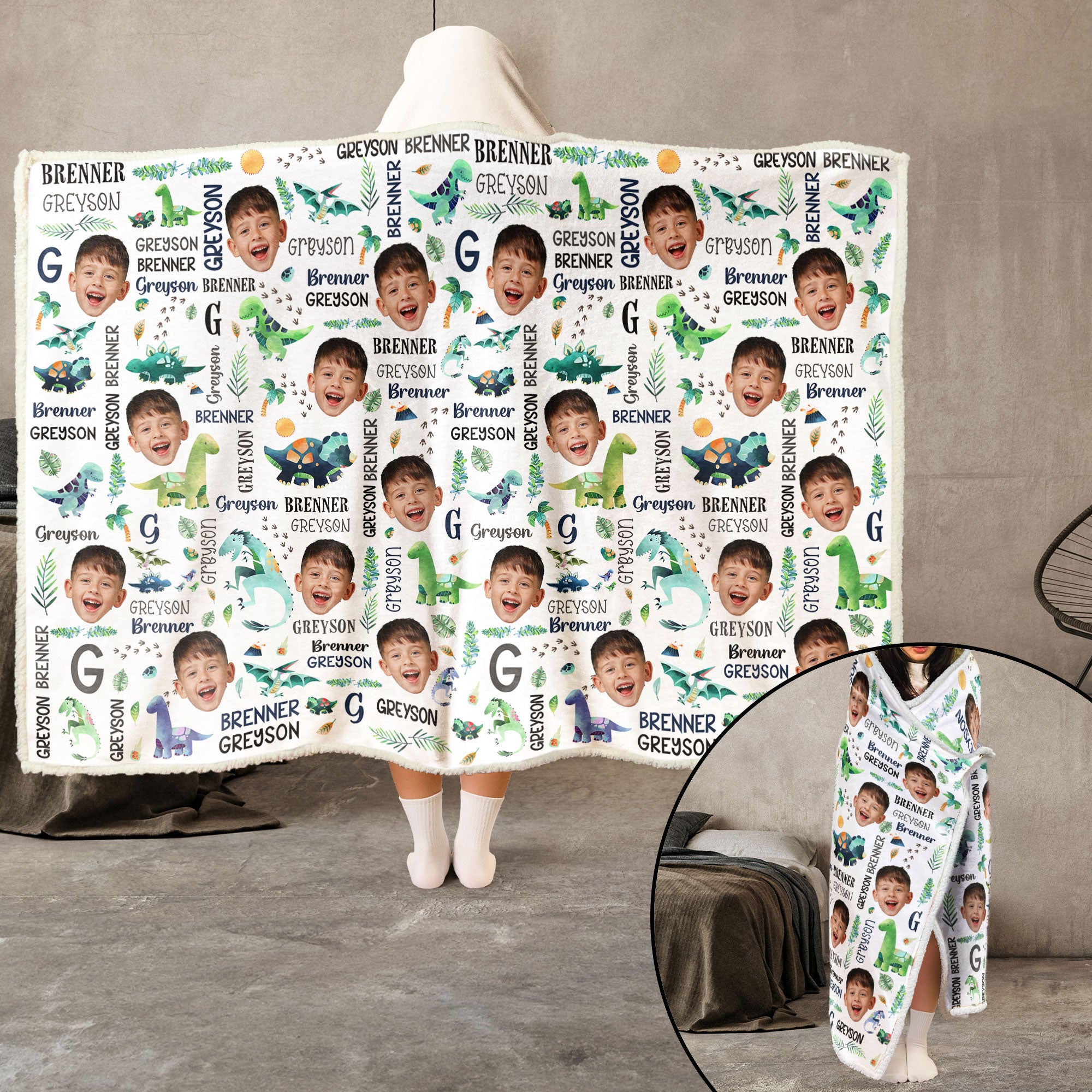 Custom Dinosaur Baby Face - Personalized Photo Wearable Blanket Hoodie