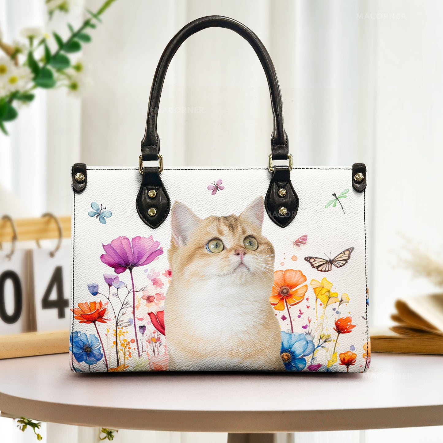 Custom Dog Cat, Watercolor Wildflowers - Personalized Photo Leather Bag