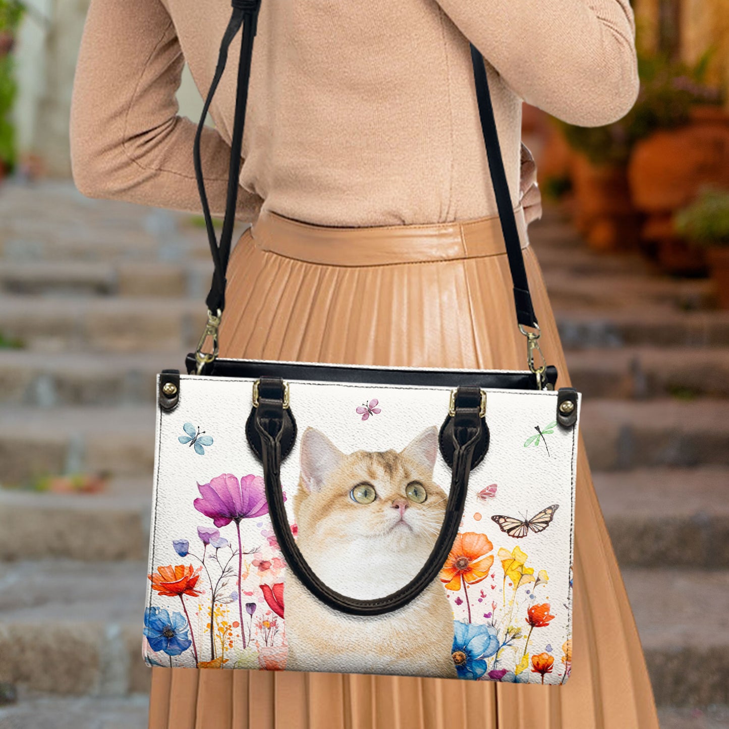 Custom Dog Cat, Watercolor Wildflowers - Personalized Photo Leather Bag