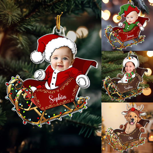 Custom Face Adorable Baby With Santa Sleigh - Personalized Acrylic Photo Ornament