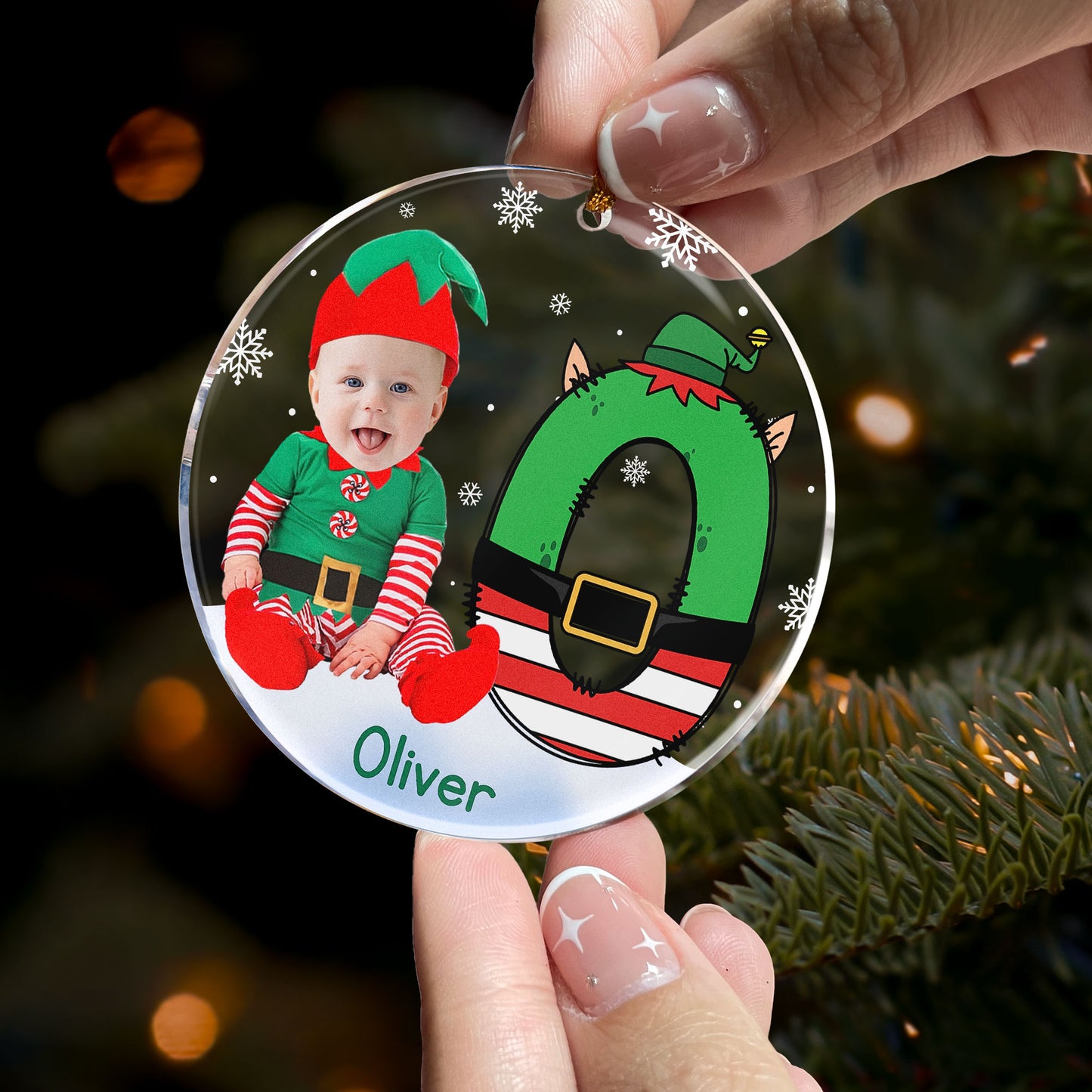 Custom Face Baby Elf Alphabet - Personalized Acrylic Photo Ornament