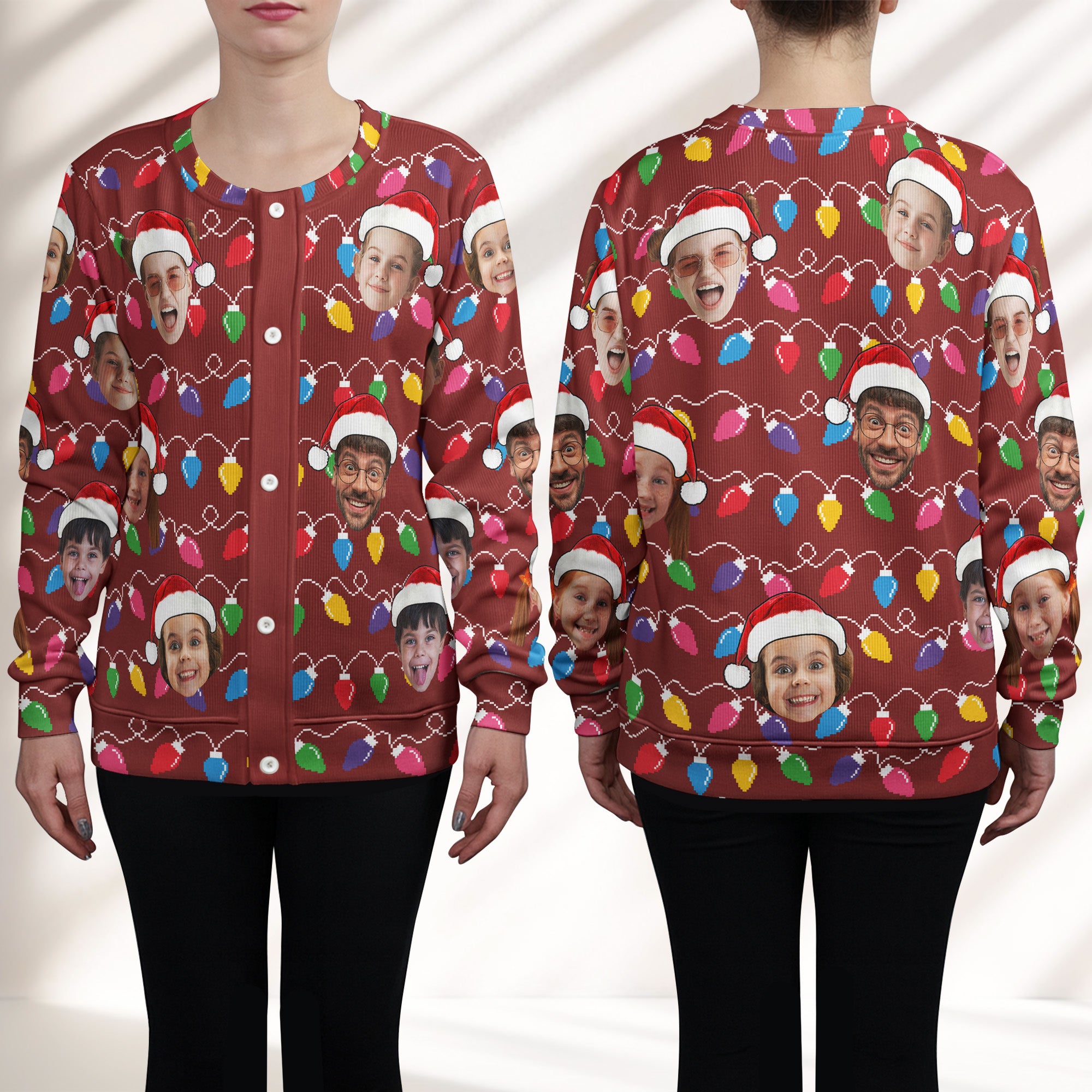 Custom Face Christmas Family Silly Xmas Leds - Personalized Photo Crewneck Cardigan