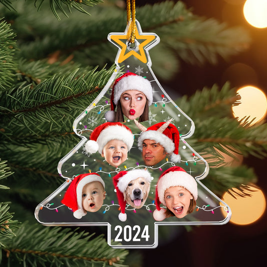 Custom Face Christmas Tree With Led Light Funny Family - Personalized Acrylic Photo Ornament