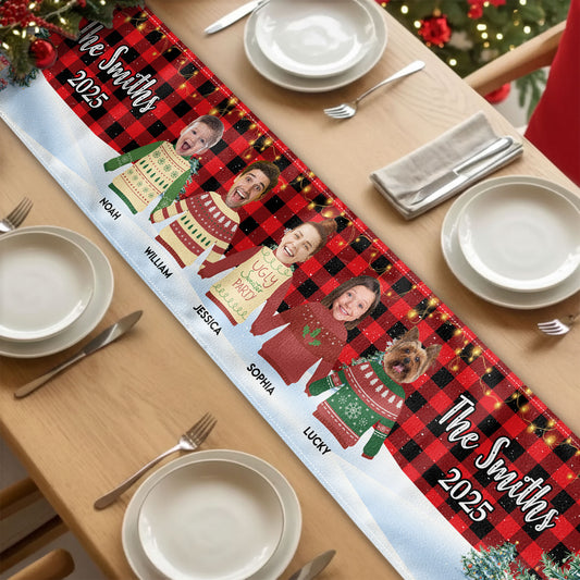 Custom Face Funny Festive Plant Buffalo Plaid - Personalized Photo Table Runner