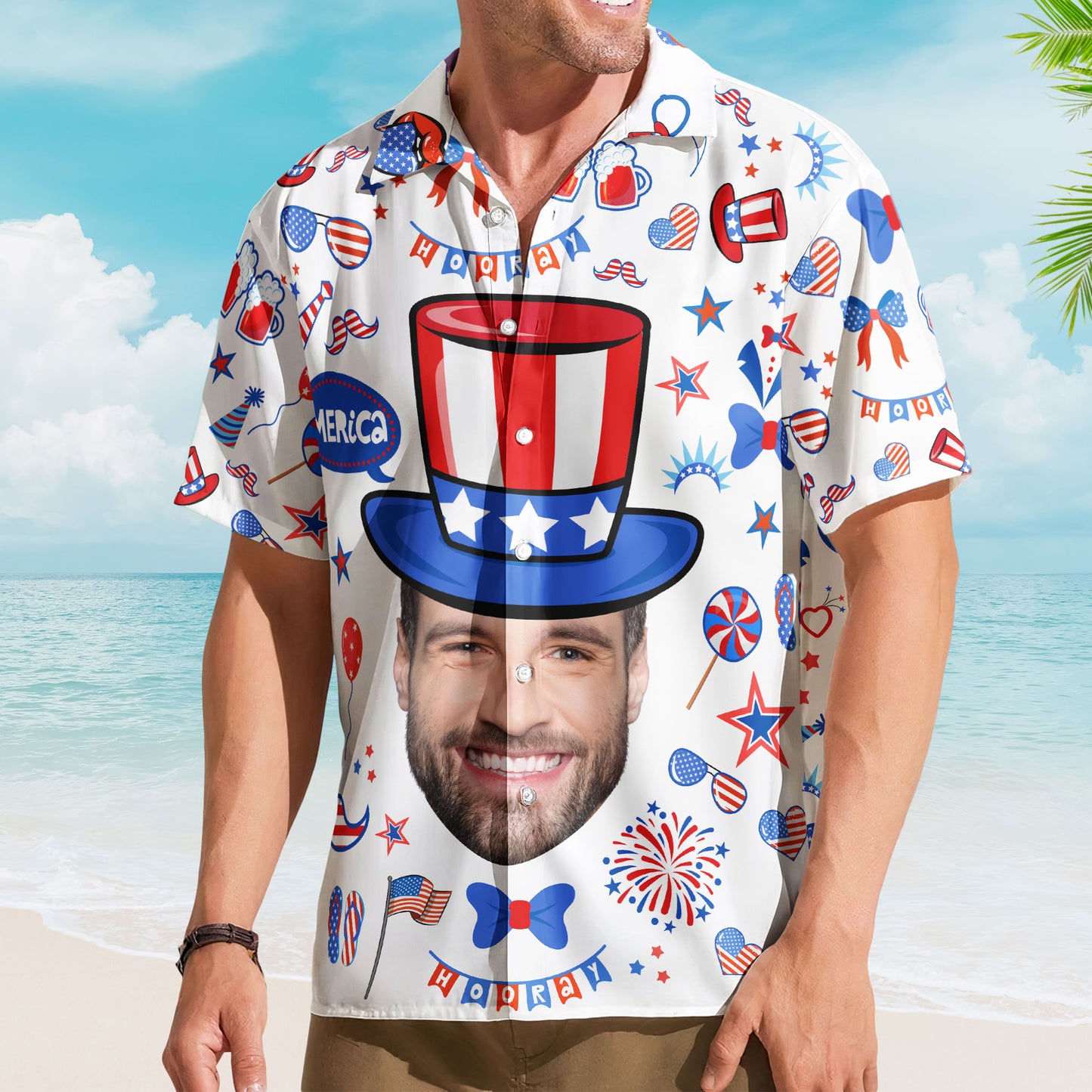 Custom Face Funny Happy 4th Of July - Personalized Photo Hawaiian Shirt