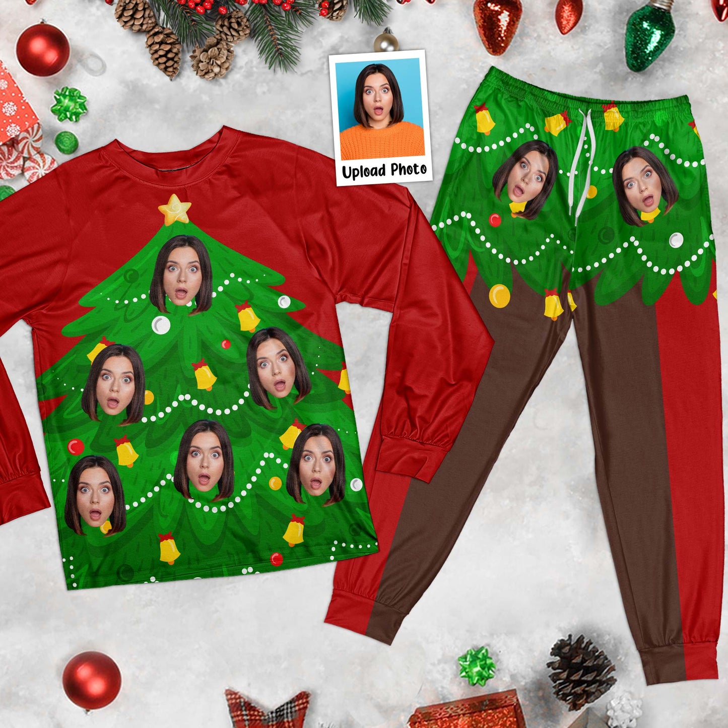 Custom Face Funny Living Christmas Tree - Personalized Photo Pajamas Set