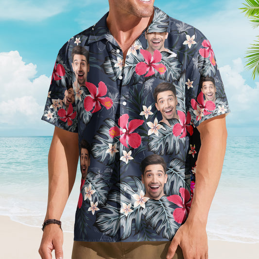 Custom Face Funny Photo For Men, Husband Red Hibiscus - Custom Photo Hawaiian Shirt